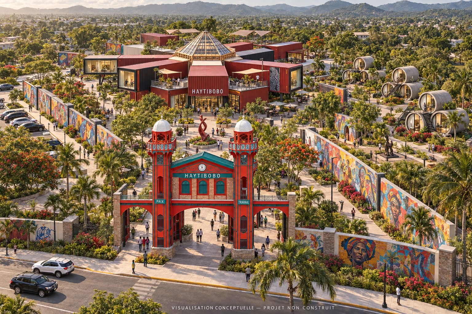 Visualisation aérienne conceptuelle du projet de musée HAYTIBOBO aux Cayes avec entrée inspirée du Marché en Fer, bâtiments en conteneurs, murs de street art et résidences d’artistes cylindriques