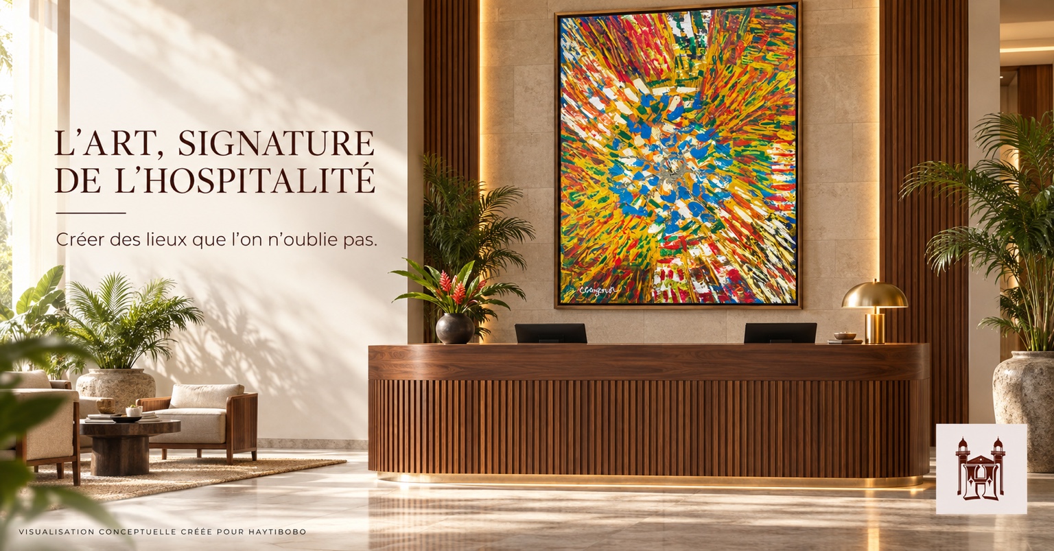 Visualisation conceptuelle d’une réception hôtelière accueillant une œuvre